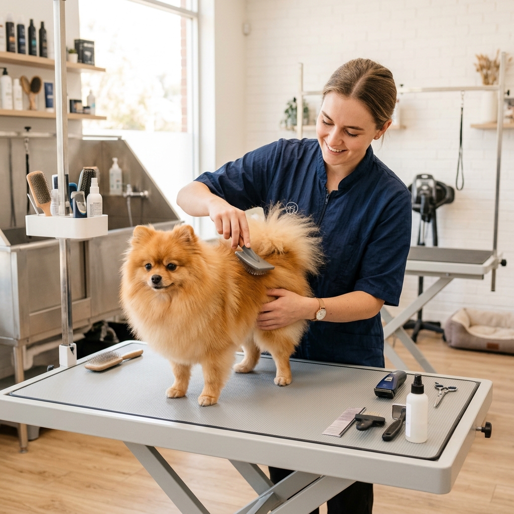 Dog grooming session